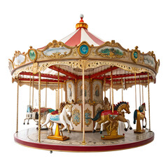 Fototapeta premium Vintage Carousel Delight: A beautifully detailed carousel, painted with intricate designs, offers a timeless nostalgic experience, evoking childhood wonder and playful joy.