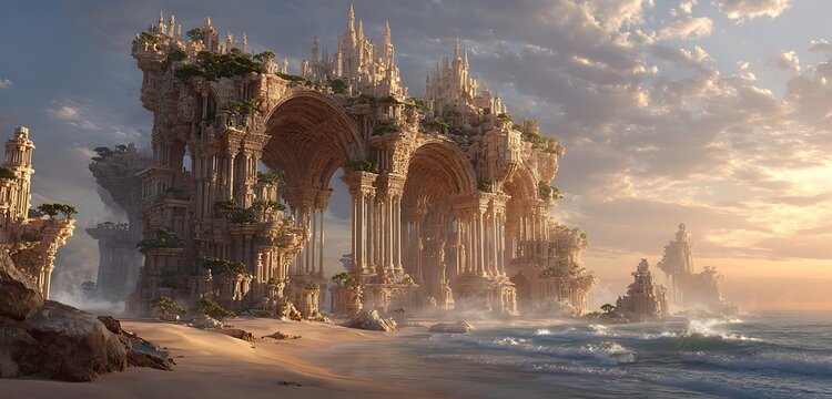AI-generated blueprint holograms floating over sand-covered ruins at sunset