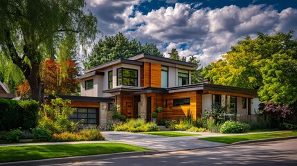 luxurious modern home with a well-maintained garden and contemporary architecture featuring large windows and natural wood accents