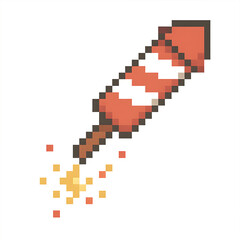 Obraz premium Pixel art illustration of a red-striped firework rocket with sparks, representing festive celebration. 