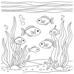 Underwater ocean scene with fish swimming among seaweed, bubbles, and a starfish on the seabed in a detailed black and white line art coloring page design