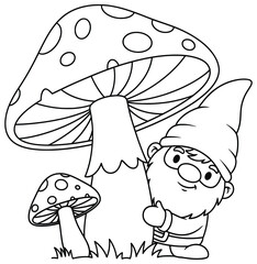 Cute garden gnome hiding behind a large spotted mushroom with a smaller mushroom beside it in a playful black and white line art coloring page design
