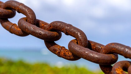 Fototapeta premium Macro photography of rusted metal chain with seaside backdrop highlighting resilience