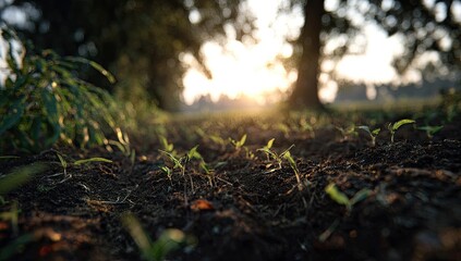Fototapeta premium Close-up of young seedlings emerging from dark soil, bathed in golden sunlight filtering through trees