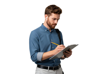 Man with beard writing on clipboard with pencil and earbuds on transparent background