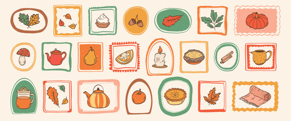 Collection of hand drawn vintage fall elements decorative frames. Pumpkin, kettle, lemon, cinnamon, pie, plaid, leaves, candle, mug. Vector illustration.