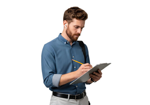 Man with beard writing on clipboard with pencil and earbuds on transparent background 