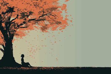 Minimalist line drawing of a calm silhouette sitting under a large tree with falling leaves, symbolizing mindfulness, balance, and peace, muted autumn colors for mental, calmness