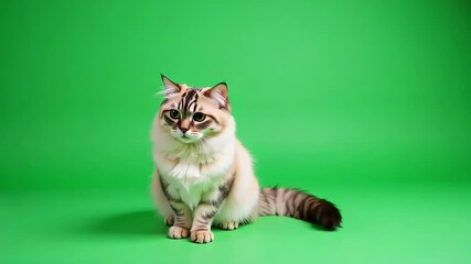 Adorable fluffy cat with captivating eyes sitting pretty against vibrant green backdrop for pet, animal, and lifestyle content