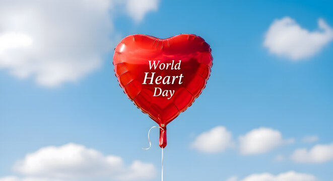 Red heart-shaped helium balloon with 'World Heart Day' text floating against a bright blue sky background, symbolizing love, care, and cardiovascular health awareness. - Powered by Adobe