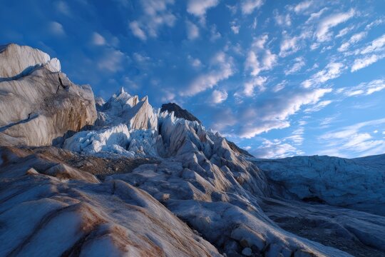 Glacial mountains under a cloudy sky