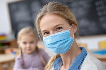 Childcare Mask. Woman Kindergarten Educator Wearing Protective Face Mask for Pandemic Prevention