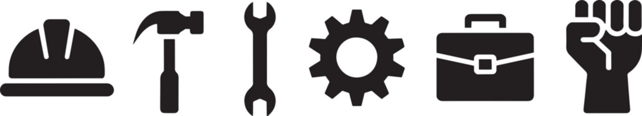 Construction and Labor Icons Set Hard Hat, Hammer, Wrench, Gear, Briefcase, and Raised Fist Vector
