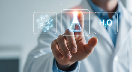 Male scientist in a white lab coat interacts with holographic scientific icons, showcasing innovation in research and technology, emphasizing modern laboratory practices and digital advancements