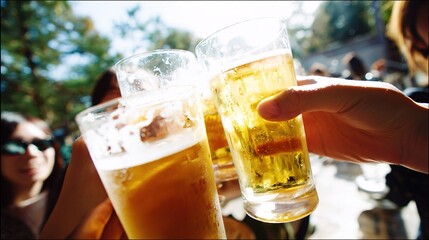 夕暮れ時にお酒を飲みながら乾杯する幸せなグループ