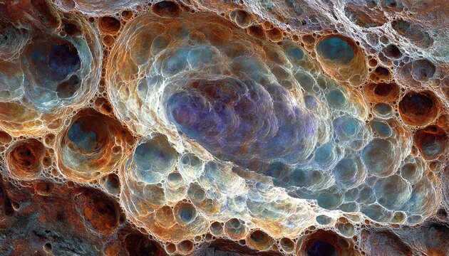 Struttura cellulare astratta e colorata con sfumature blu, arancioni e viola, simile a un organismo biologico.