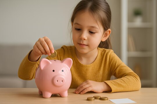 Piggy bank and child learning about saving money