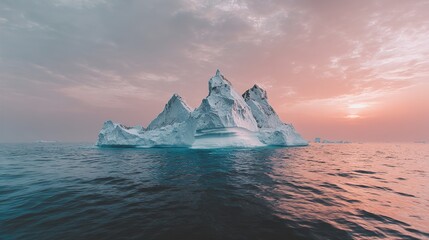 パステル調の夕焼けの海に浮かぶ白い氷山