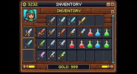 Inventory screen from a retro video game showing swords and potions