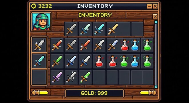 Inventory screen from a retro video game showing swords and potions