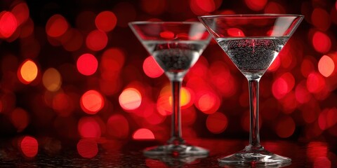 Classy Cocktail. Martini Glasses on Red Bokeh Background in Nightlife Setting