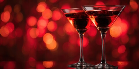 Classy Cocktail. Martini Glasses on Red Bokeh Background. Luxury Drink for Celebrations in Nightlife