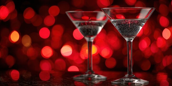 Classy Cocktail. Martini Glasses on Red Bokeh Background in Nightlife Setting