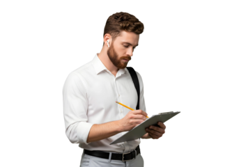 Man with beard writing on clipboard wearing white shirt on transparent background 