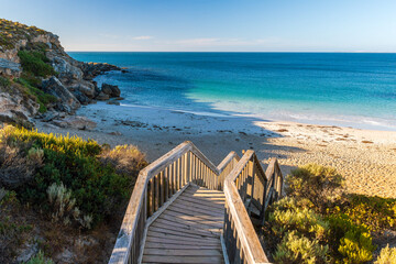 Dolphin Beach with boardwalk at sunset, Innes National Park, SA