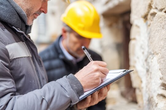 Code Enforcement: A Building Inspector with Notepad and Hard Hat Examining Incomplete Stucco