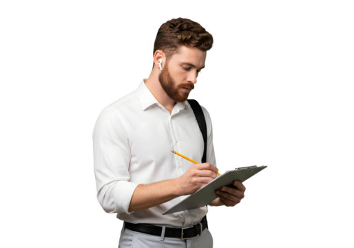 Man with beard writing on clipboard wearing white shirt on transparent background 