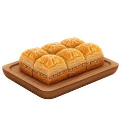 Golden Baklava Squares on Wooden Tray with Transparent Background