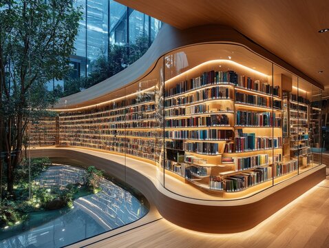 Modern library with curved glass walls showcasing illuminated book collections, integrated with a peaceful indoor garden and reflective water feature, offering a unique biophilic reading retreat.
