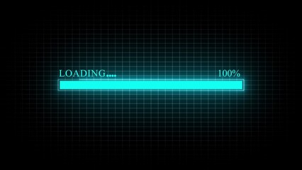 Cyan loading bar at 100% completion on a dark grid background progress technology