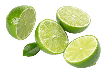 Freshly cut green lime slices on white background isolated for food and drink ingredient concept