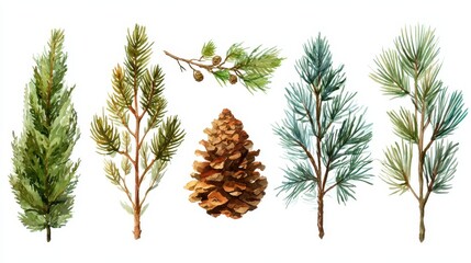 Conifer Branch Watercolor Collection. Botanical Illustration of Cedar Tree Branches and Cones