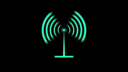Teal Signal Tower Emitting Concentric Radio Waves on Black Background transmission broadcast