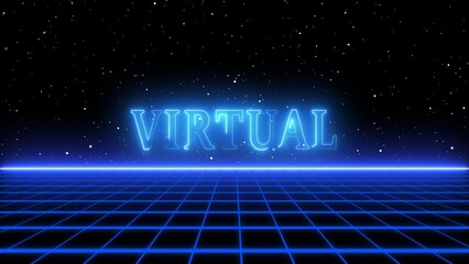 Obraz premium Futuristic Neon Grid with Glowing Blue VIRTUAL Text and Starry Space Background virtual