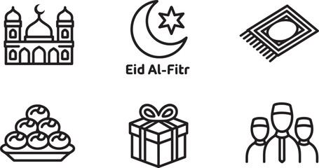 Eid Al-Fitr Icons Set Black and White Vector Illustration with Mosque, Moon, Gift, People