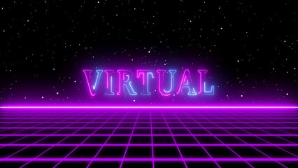 Retro Neon Grid with Purple and Blue Glowing VIRTUAL Text and Starry Sky virtual