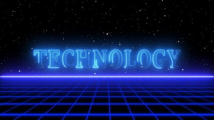 Neon Blue Grid and the Word TECHNOLOGY in Glowing Blue Against a Starry Sky retro landscape