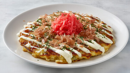 Fototapeta premium 紅生姜と鰹節がたっぷり乗った美味しそうなお好み焼き