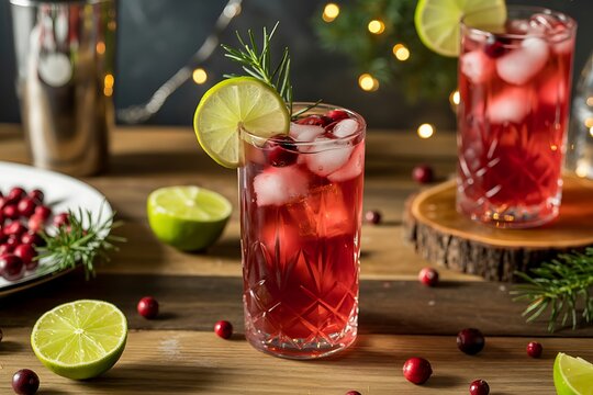 Savor the festive spirit with a refreshing cranberry cocktail, perfectly garnished with lime and rosemary, evoking holiday cheer and cozy celebrations.