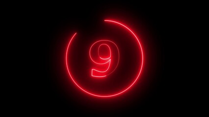Glowing Red Neon Number 9 Within a Circular Outline on Black number nine digit