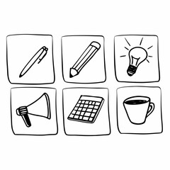 Hand drawn office icons including pen, pencil, lightbulb, megaphone, calculator and cup isolated on white background