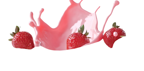 Fresh Strawberries Splashing in Pink Milk Isolated on White Background Hyperrealistic 3D Rendering