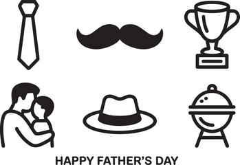 Father's Day Icons Set Black and White: Tie, Mustache, Trophy, Family, Hat, Grill