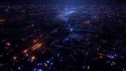 Fototapeta premium Illuminated cityscape at night with streaks of light and blue glow