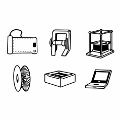 Collection of various office and technology related objects in black and white isolated on white background for design and decoration