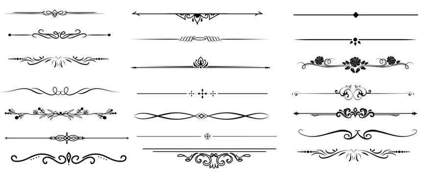 Decorative dividers, elegant line art, ornamental borders, vintage separators, floral accents, whimsical designs, creative embellishments, graphic elements, black vector patterns, design resources S